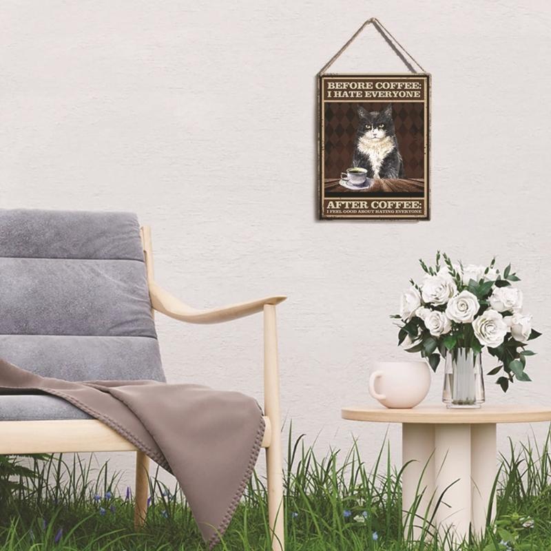 Landhaus Vintage Wandhänge Schild mit Schwarzen Katzen Kaffee Buchstaben Holz Hängeschilder für Haus Schlafzimmer Dekoration