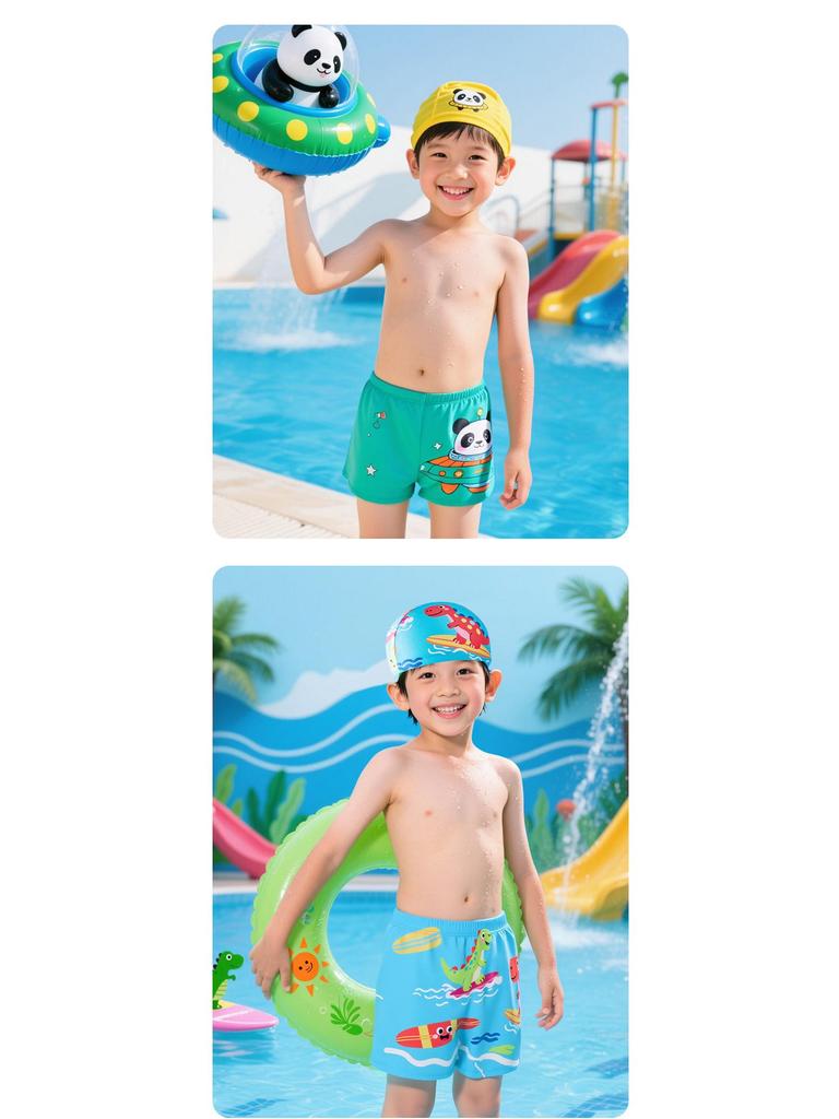 Cartoon Panda Boys' Two-Piece Swimsuit & Cap Set - Beach & Hot Spring Wear