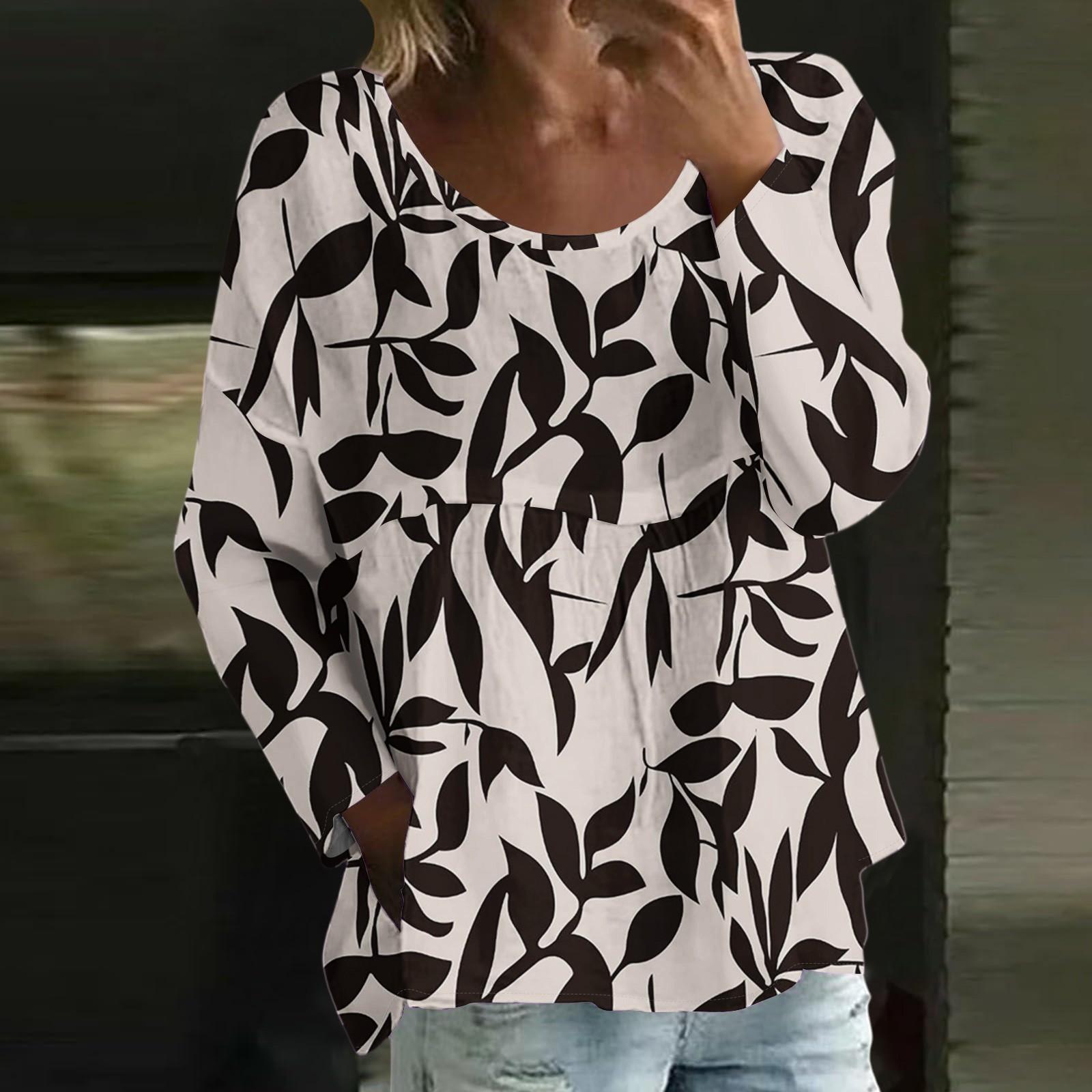 

Women s Casual Fashion Loose Round Neck Floral Print Long Sleeve Top L бежевий