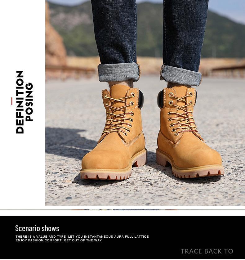 Unisex Yellow High-Top Waterproof Martin Boots – Trendy Autumn/Winter Cowhide Workwear for Couples
