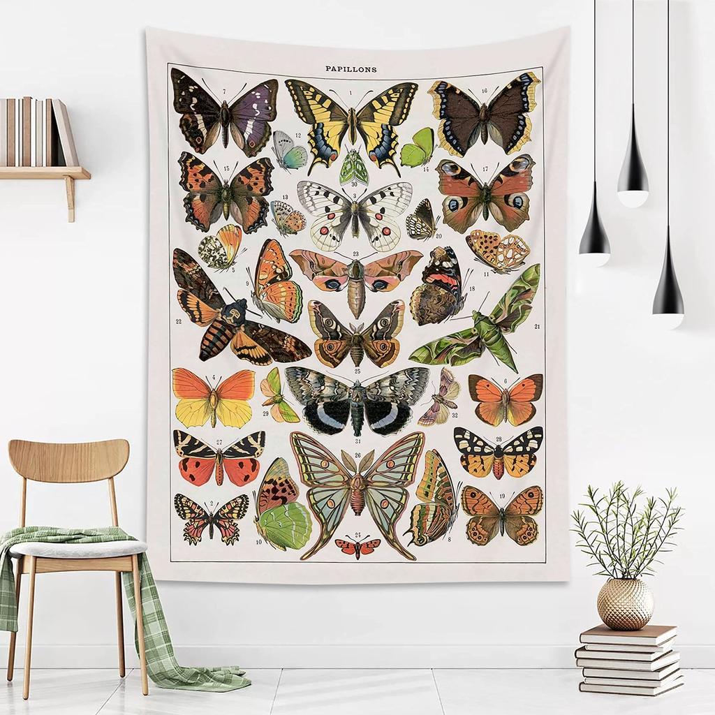 Cottagecore Butterfly Illustration Tapestry, Retro Papillons Chart with Colorful Species,Aesthetic Wall Art for Boho Rustic Home