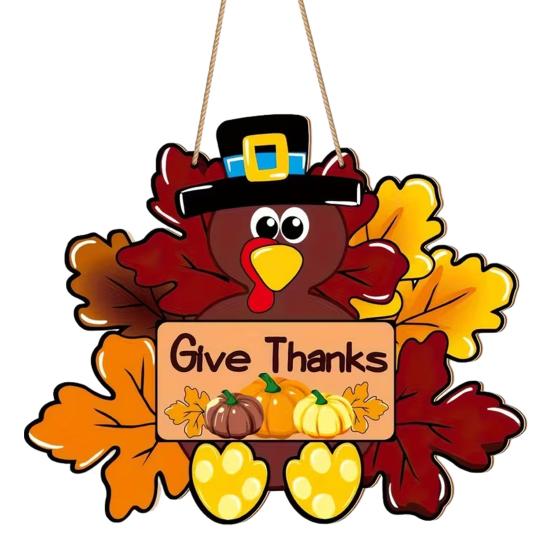 Thanksgiving Wooden Sign Turkey and Pumpkin Welcome Wall Hanging Decor with Give Thanks Rustic