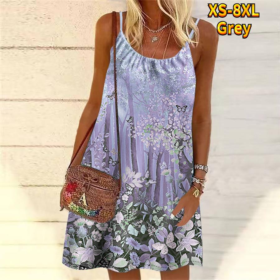 

Міні-сукня без рукавів Жіночий квітковий сад із принтом квітів, вечірня сукня, літня пляжна сукня, сарафан 6XL сірий