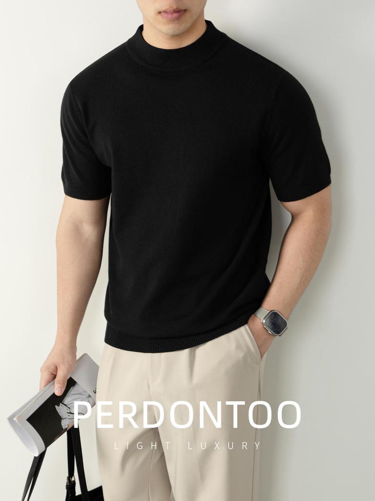 Italian Light Luxury Men's Wool High-Neck Short-Sleeve Knit T-Shirt for Commuting and Casual Autumn/Winter Wear