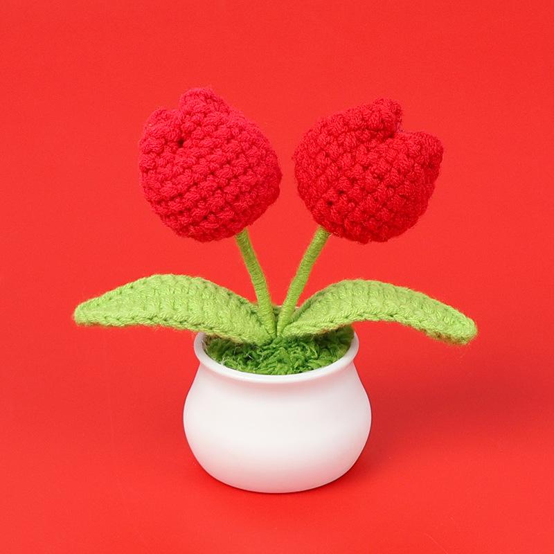 Tulips Crochet Flower Potted Cerative Handmade Knitted Flowers Artificial Flowers Decoration Car Desktop Home Decor