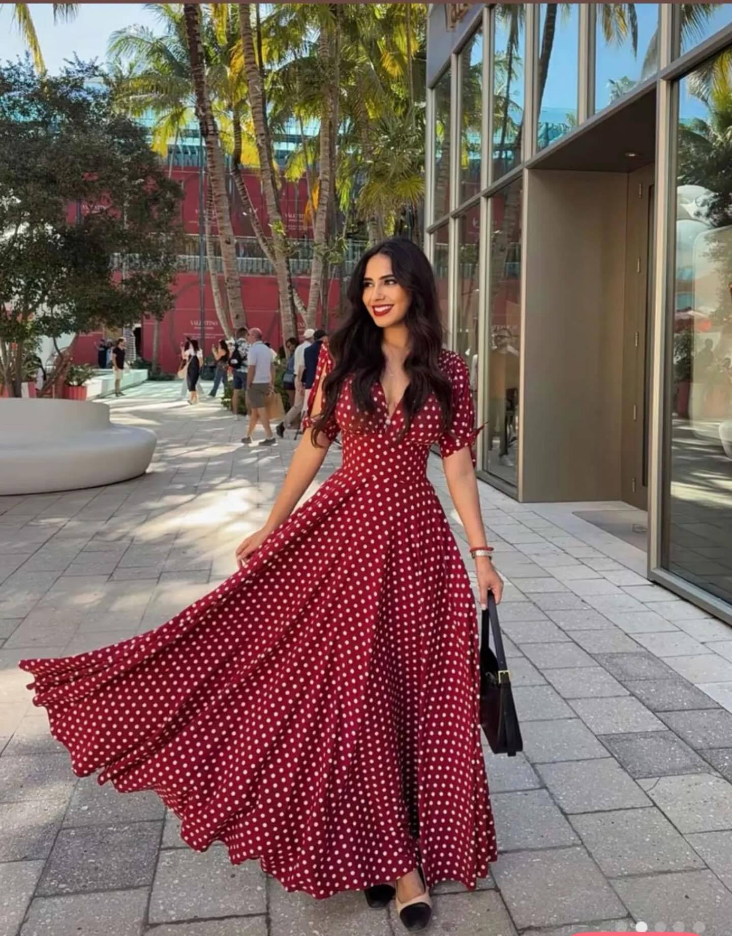 2026 summer new French red polka dot long dress holiday elegant V-neck elegant dress S бордовый