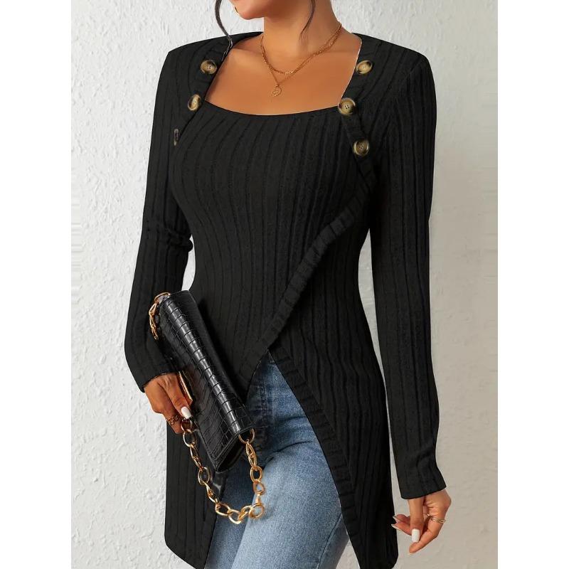 Button Embellished Asymmetric Hem T-Shirt, Casual Ribbed Long Sleeve Top, Spring Autumn, Women's