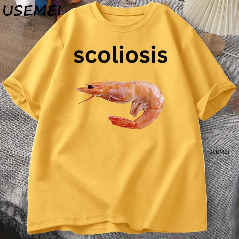 Shrimp with Scoliosis Graphic T Shirts Funny Curved Shrimp Meme T Shirt Seafood Humor Tee Cotton Short Sleeve Round Neck Tops