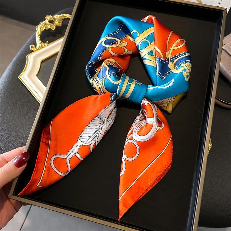 

Women Scarf Luxury Floral Print Square Silk Hijab Hair Bands Neckerchief Fashion TieFemale Satin Shawl Foulard Ribbon Headband 70x70cm