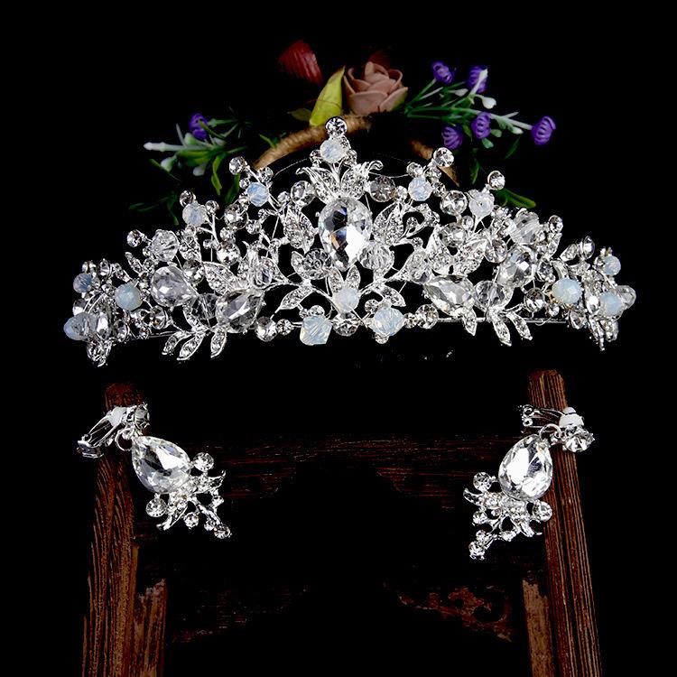 Bridal Tiara Gold Crown Wedding Dress Accessories Earrings Hair Accessories Set Pink Crystal Crown