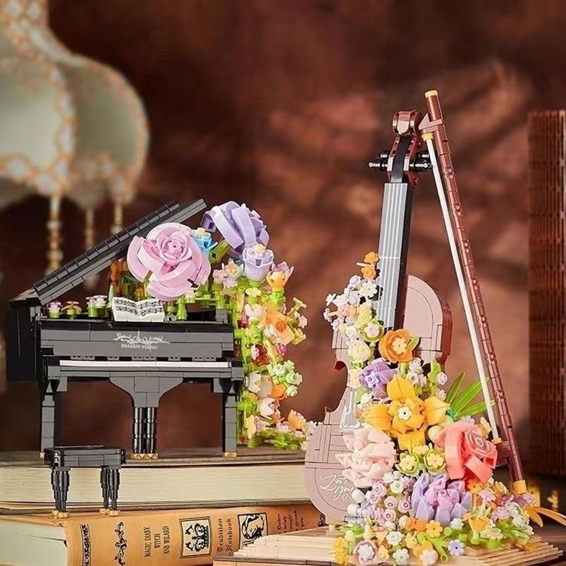 Bai Fen Bai Dolls And Toys Unisex Light Piano Bricks Violin Musical Instrument Flower Building Blocks Mini With Home Decor Christmas Gift Toys For Child Adults