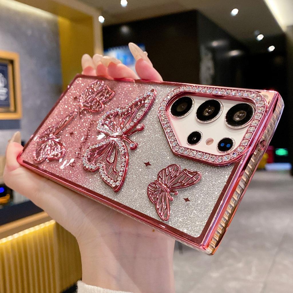 Suitable for Samsung S25 Ultra Mobile Phone Case Electroplated Flash Powder Rhinestone Butterfly S24 Anti Fall A26 Anti Fall Soft Case
