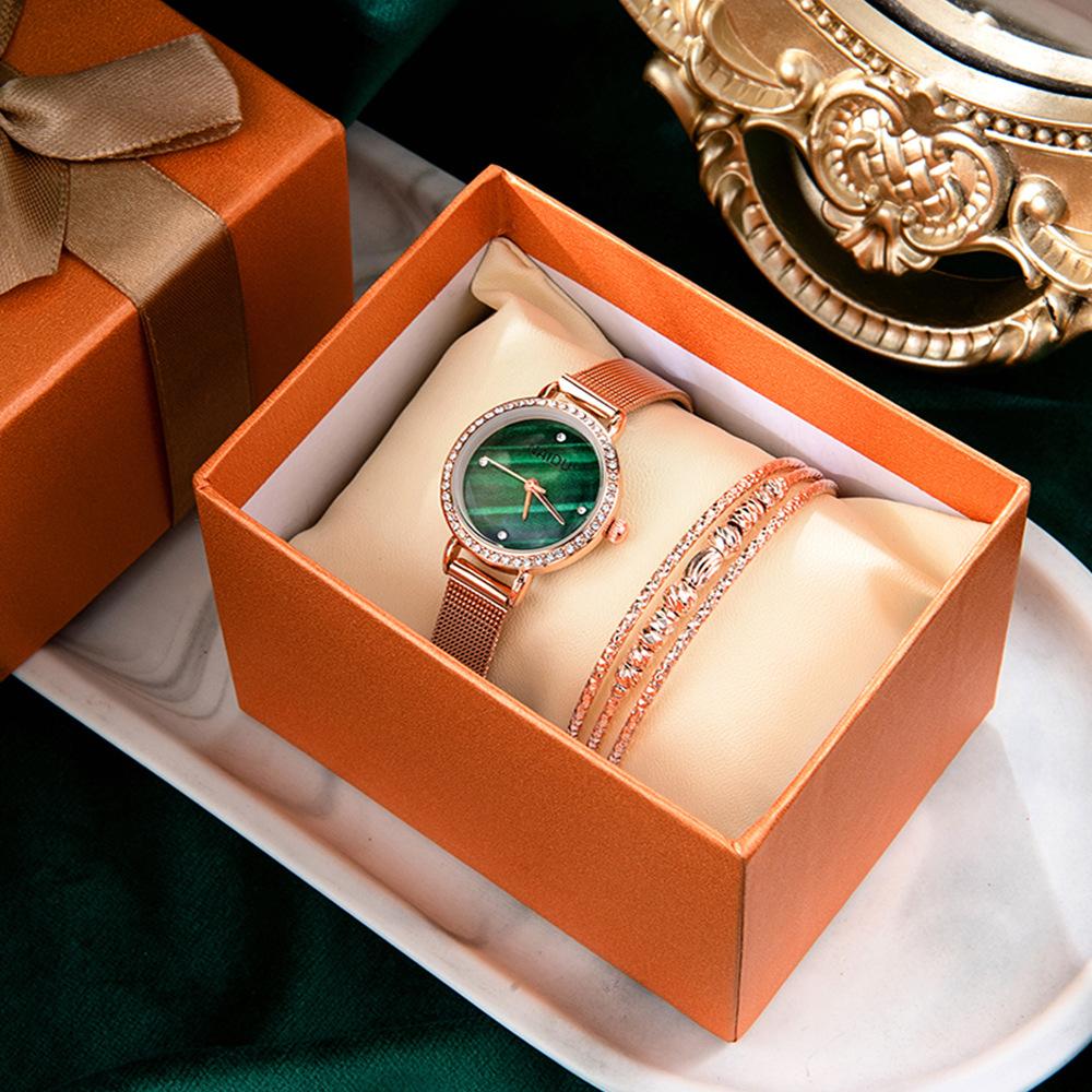 

Женский комплект часов из 2 предметов, подарочная коробка + IPG, гальванический браслет с бриллиантами, инкрустация мрамором, зеркальный сплав, кварцевые часы