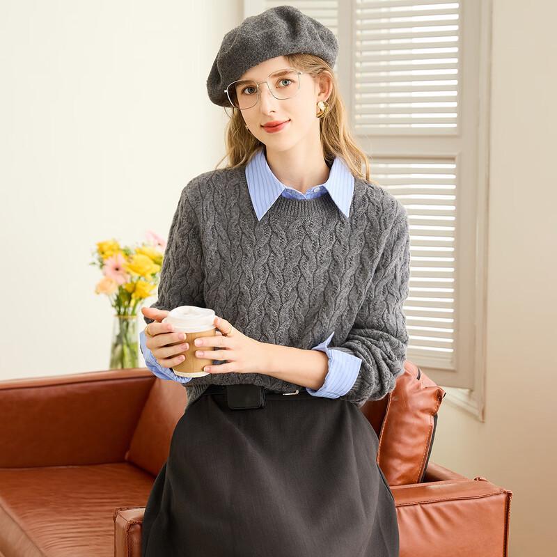 

TUHUANG Women s Thick Pure Wool Round Neck Knit Sweater XL