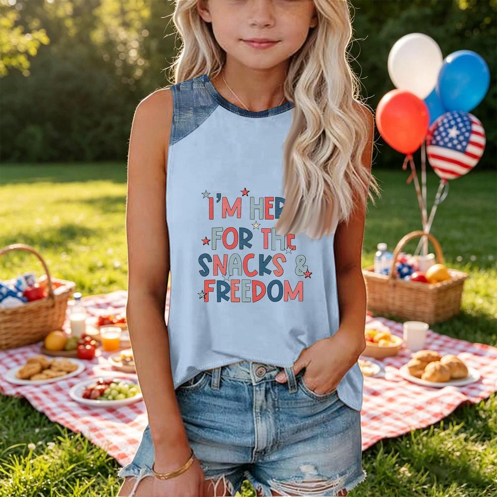 Girls Sleeveless Tank Top Loose Fit Round Neck T Shirt Independence Day Denim Print Casual Summer Tee for Kids