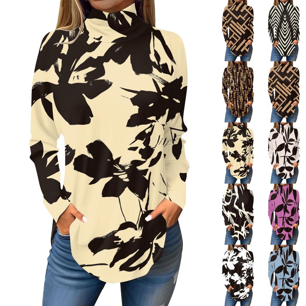 Women's Fashionable Casual High Neck Printed Long Sleeve T-Shirt Pullover Top