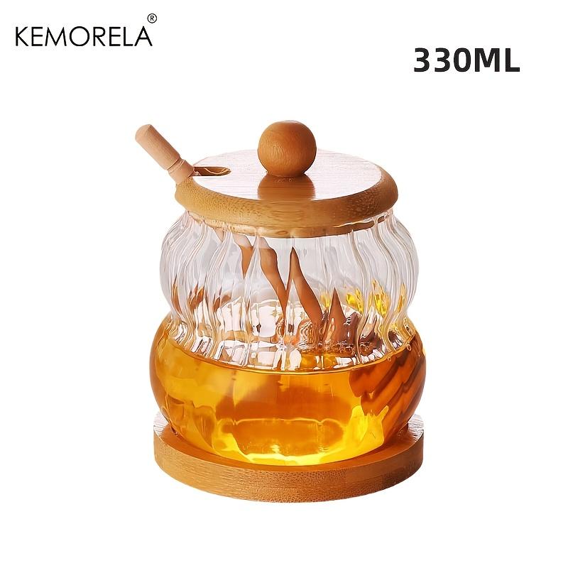 KEMORELA Honey Jar with Spoon and Sealing Lid 330/450ML Glass Honey Jar with Wooden Honey Spoon Tray Sealed Syrup Dispenser