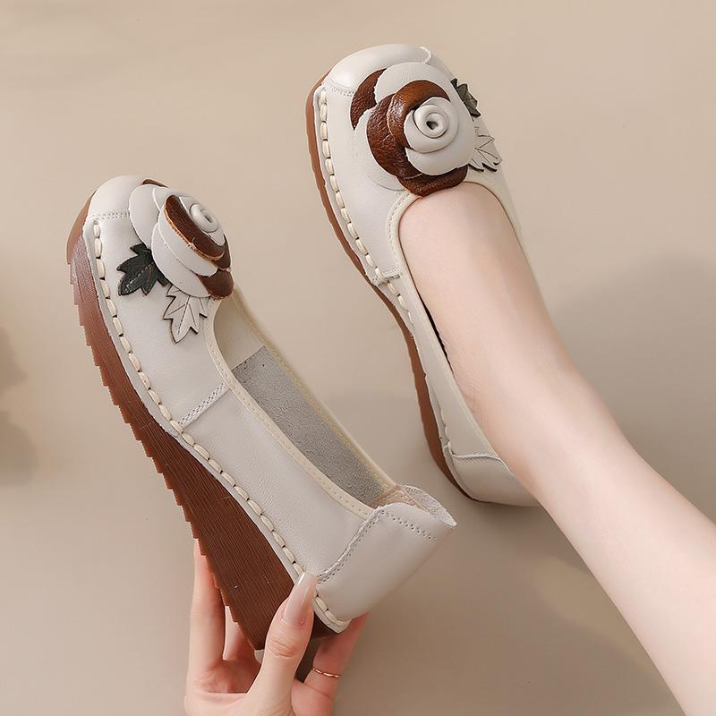 Fashion Rose flower slip on flats women's autumn genuine leather shoes woman shallow wedge heels ladies elegant retro moccasins loafers