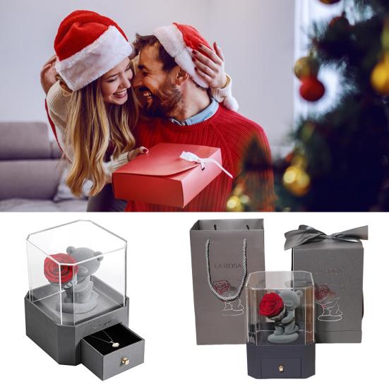 Flocking Bear Figurines with Preserved Rose Eternal Rose with Gift Box Romantic Gift for Girlfriend Wife Valentine's Day Anniversary Gift