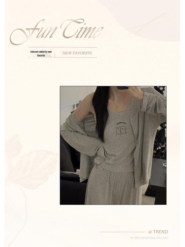 Women's Modal Cotton Pajama Set - Three-Piece Sleeveless and Long Sleeve with Chest Pads for Indoor or Outdoor Use