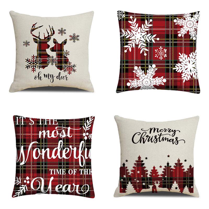 New Linen Christmas Pillowcase with Santa Claus and Reindeer Design