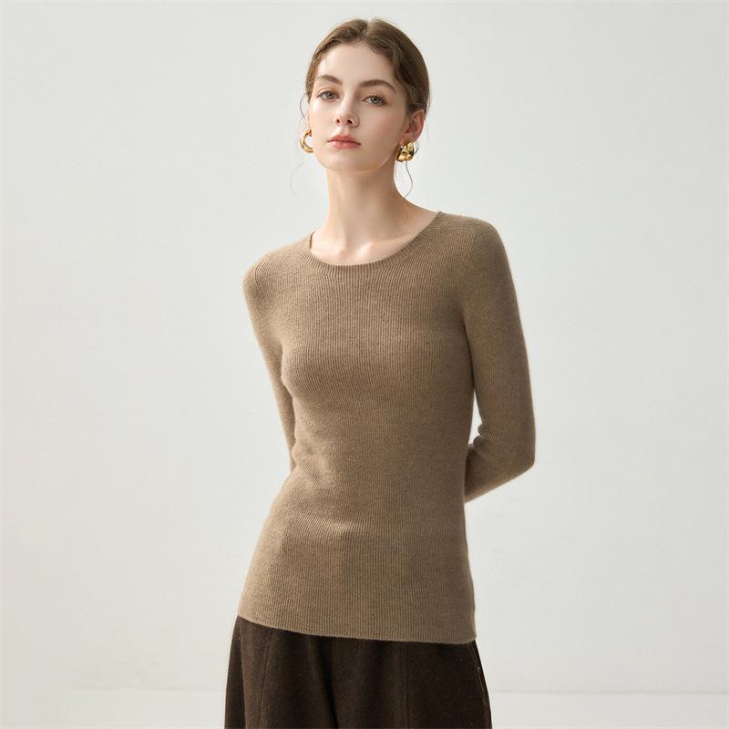 100% Pure Cashmere Slim Fit Women's Round Neck Knit Sweater for Autumn and Winter