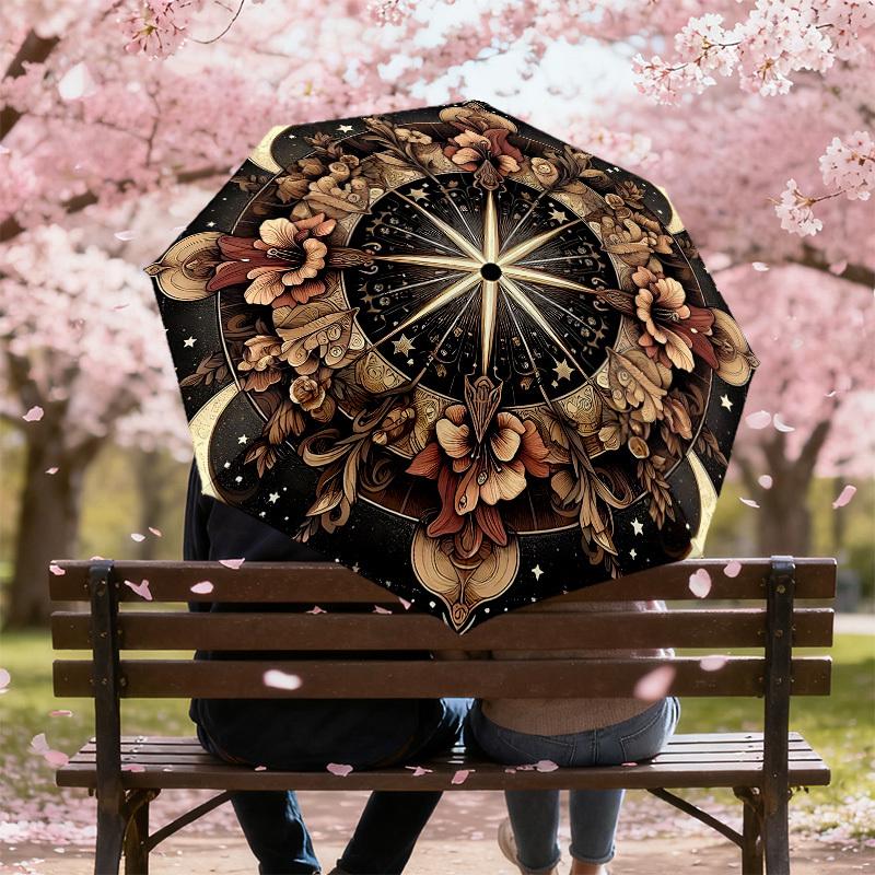 1PC Floral CompassAutomatic Open/Close Umbrella with Windproof, 8-Rib Sturdy Canopy, Durable Ribs, Fashionable Design, Outdoor Accessory, Fun Prin, Ho