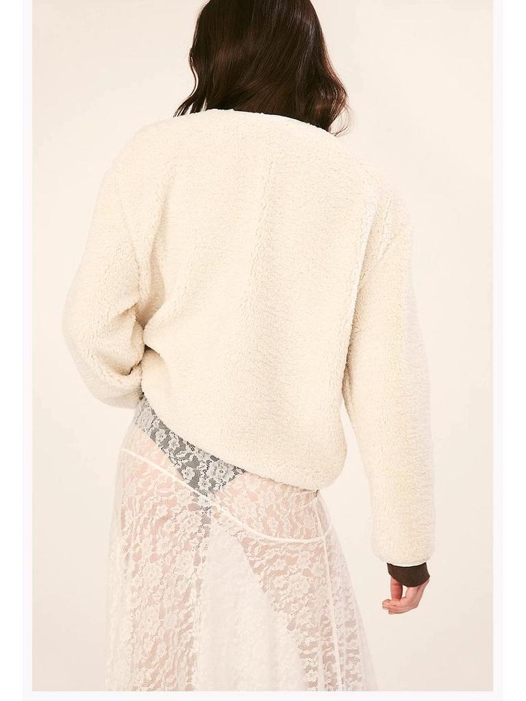 Women's Autumn Plush Teddy Fleece Jacket - European & American Style, Round Neck, Casual, Solid Color.