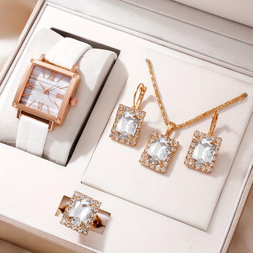 Square Roman Watch Gem Bracelet Set Square Belt Watch + Square Gem Bracelet Set