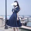 Summer Waist Cinched Mid Length Pleated A-line Skirt Sweet Women's Dress Sailor Collar Vestidos Female Lolita Dresses Summer Cute Women's JK