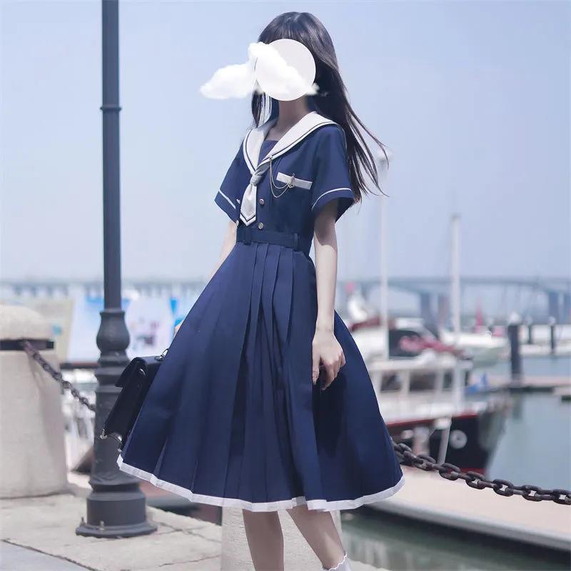 Summer Waist Cinched Mid Length Pleated A-line Skirt Sweet Women's Dress Sailor Collar Vestidos Female Lolita Dresses Summer Cute Women's JK