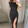 QICED Fashion Summer Spring Solid Color Print Short Sleeve Casual Dresses