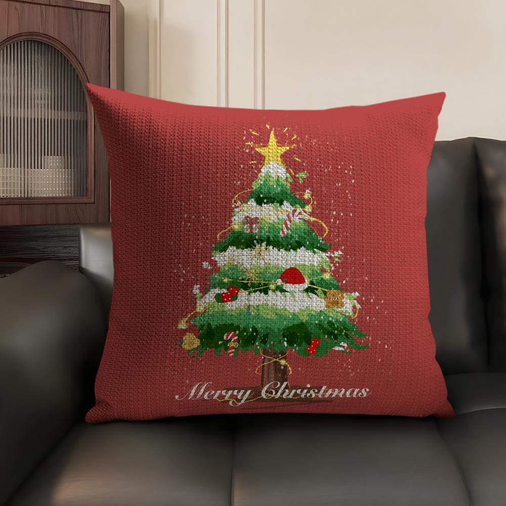 Christmas Tree Cool Printed Cushion Cover Natural Linen Organic Fabric DoubleSided Printing Sofa Home Decor Gift Pillow Case