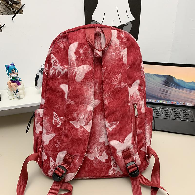 Women's Butterfly Printed Backpack Corduroy Student School Bag Large Capacity Class Backpack