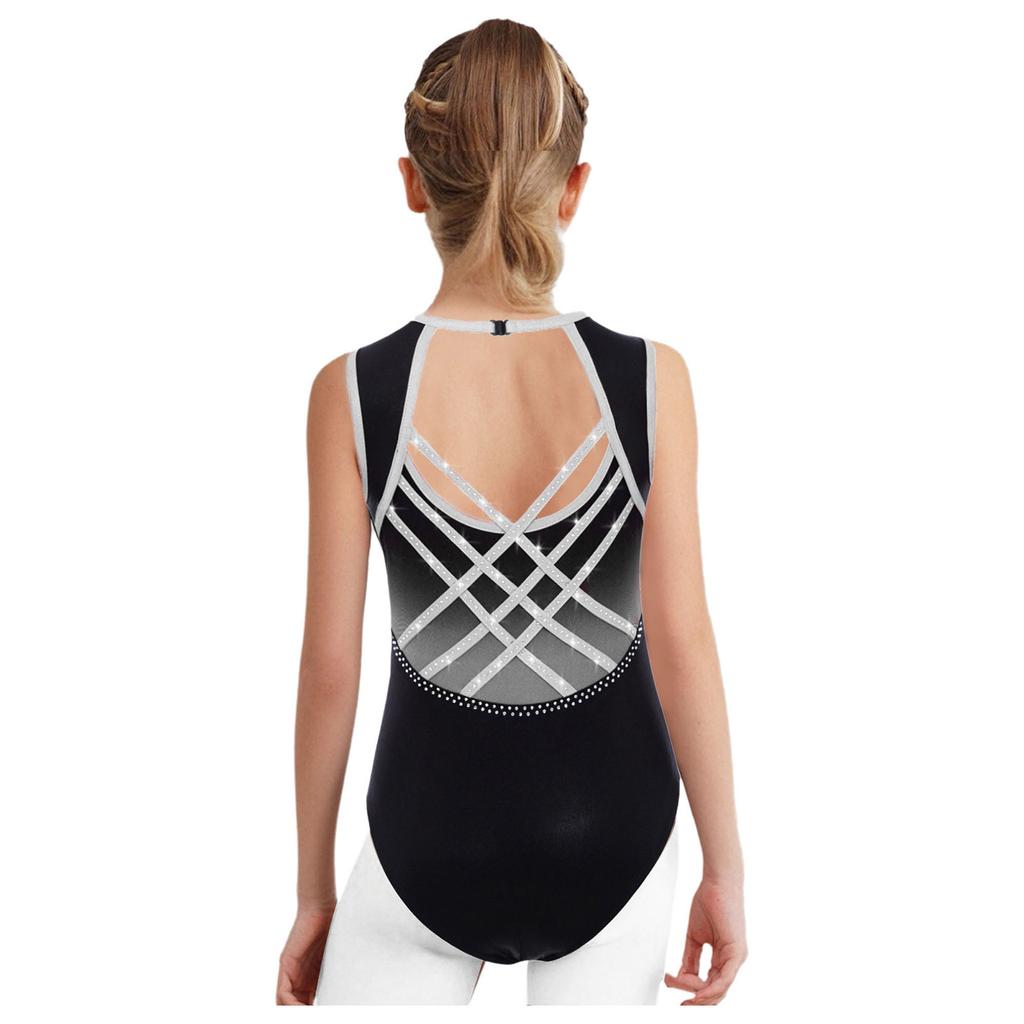 Girls Gymnastics Leotard Sleeveless Crisscross Cutout Back with Mesh Patchwork Shiny Rhinestones Bodysuit