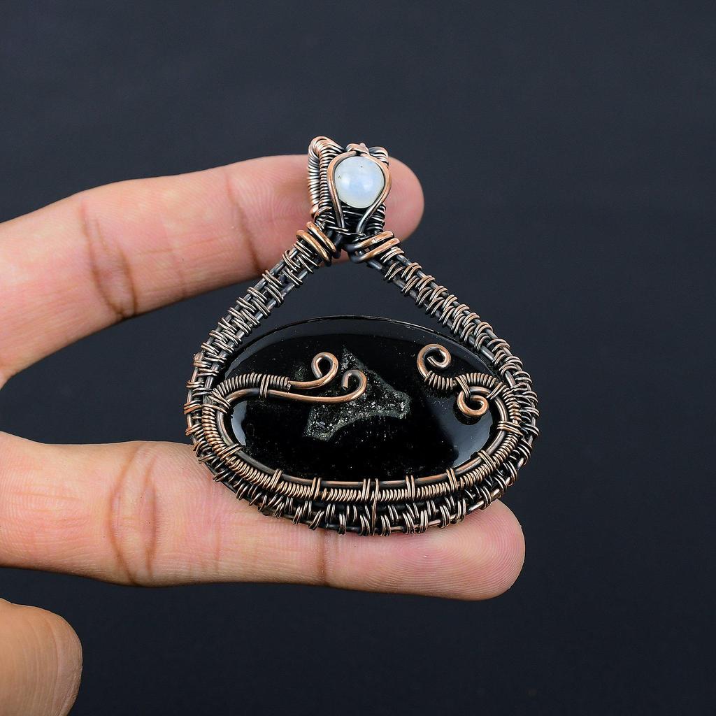 Black Solar Druzy Gemstone Pure Copper Wire Wrapped Handmade Pendant Jewelry For Gift