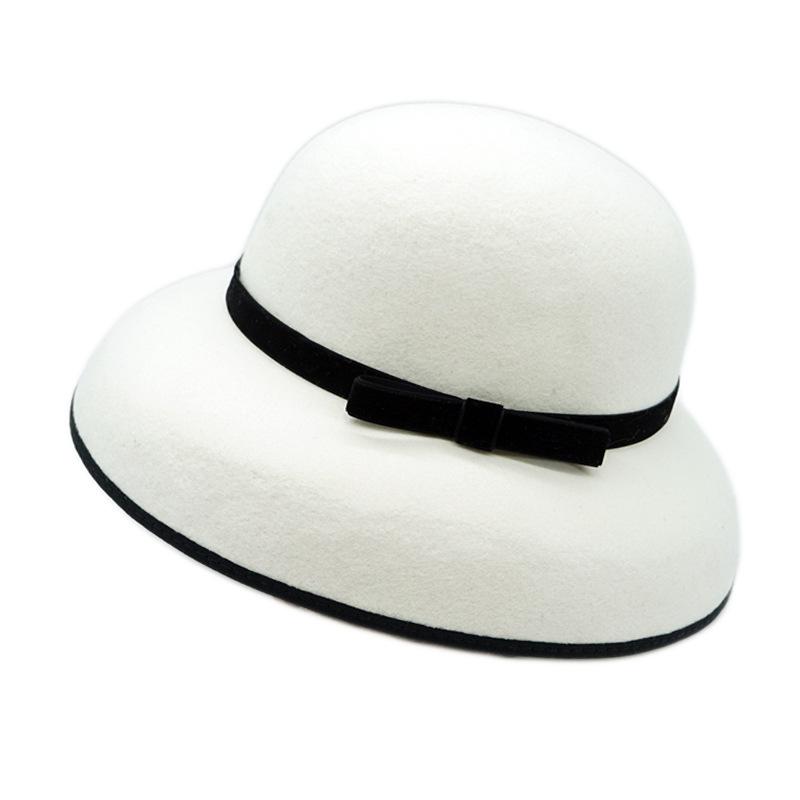 Hepburn Elegant Bow White Black Edge French Bell Hat Women'S Autumn And Winter Woolen Felt Retro Top Hat Tide