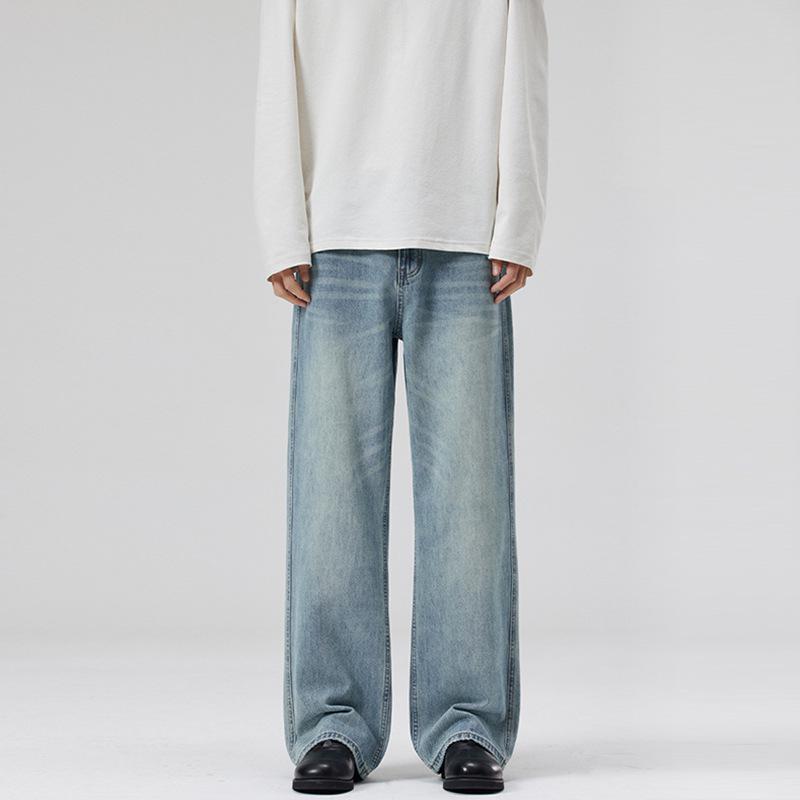 LKTM Men's & Women's Trendy Light Blue Washed Jeans - Versatile Loose Straight Leg Pants for Spring/Summer