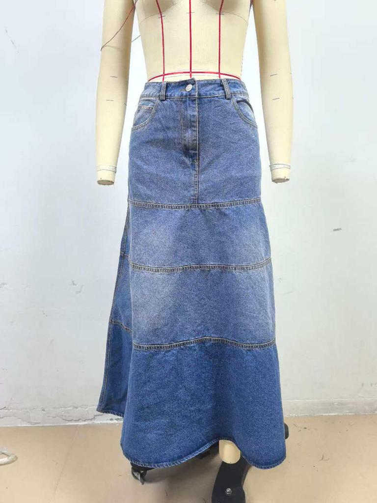 European & American Retro High-Waisted A-Line Denim Maxi Skirt for Women