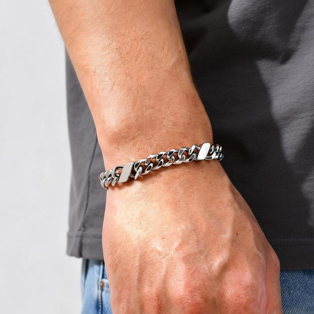 New Men's Chain Bracelets,Silver Color Stainless Steel Cuban Link Wristband,Hip Hop Punk Jewelry Gift