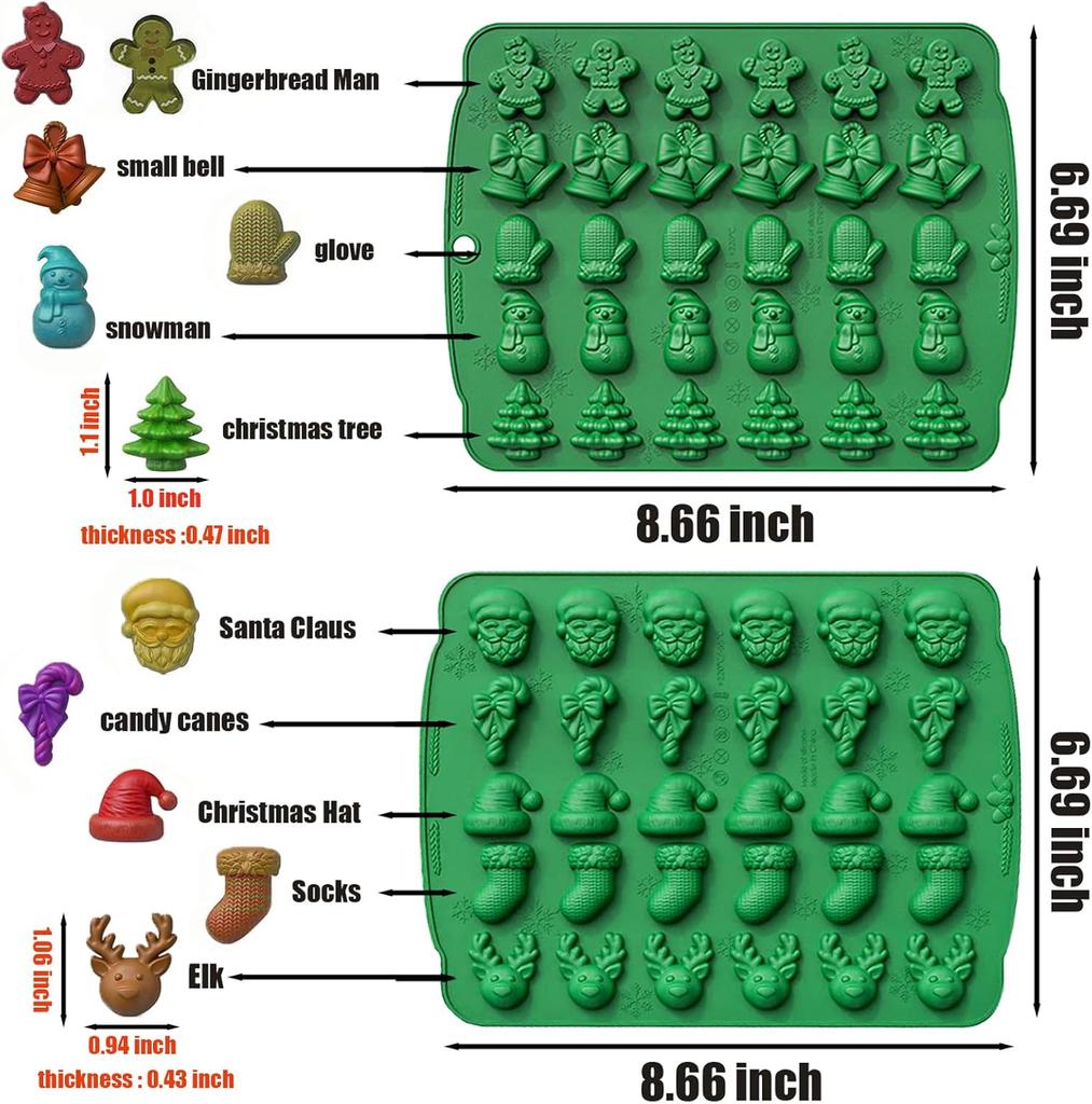 Mini Christmas Silicone Molds Chocolate Molds Candy Molds for Baking sweet Treats, Xmas Gift Handmade Soap Candles (Red,Green)