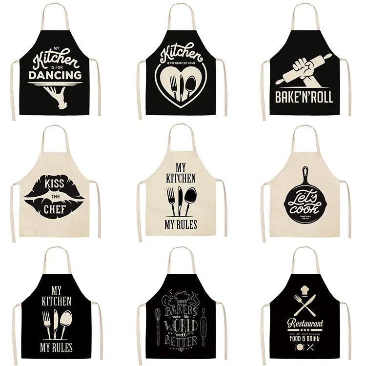 Letter Alphabet Kitchen Aprons for Women Cotton Linen Bibs Household Cleaning Pinafore Home Cooking Apron Delantal