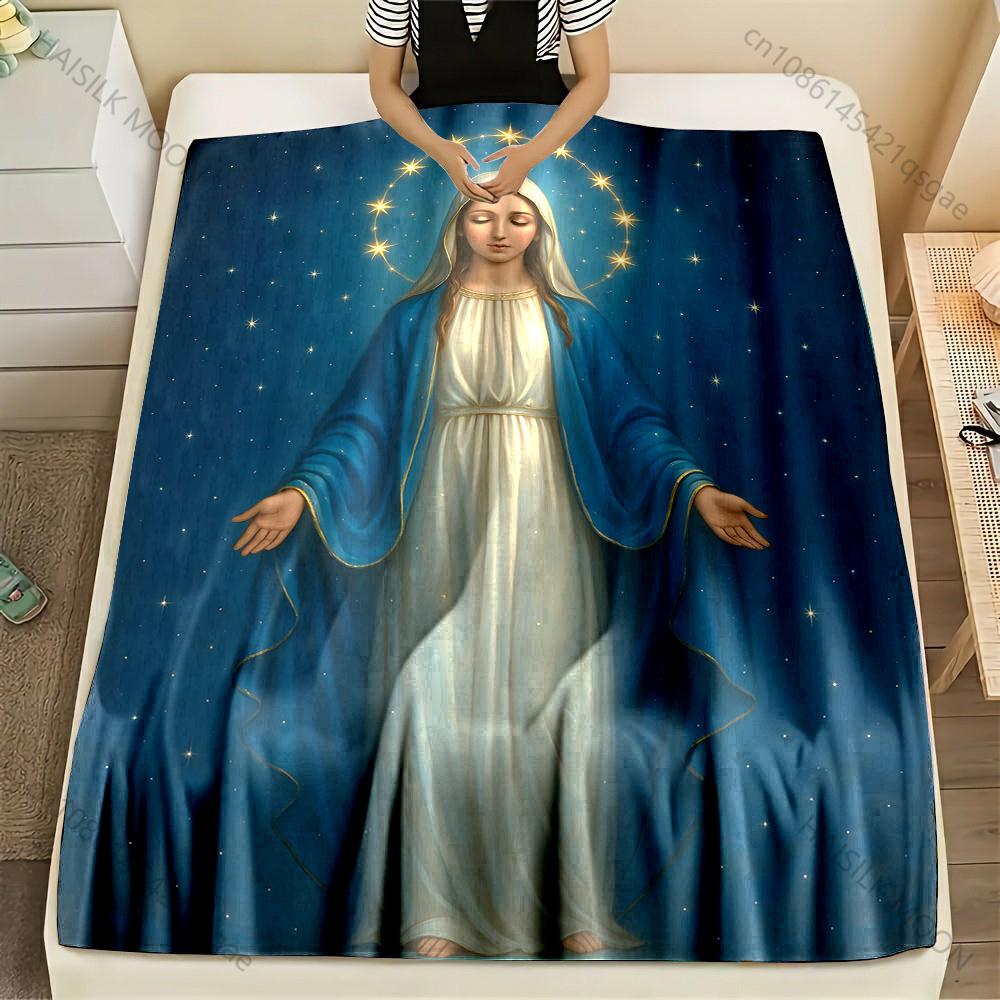 

1PC Virgin in blue robe star halo Print Blanket Warm Soft Fluffy Kids and Adult Sofa Bed Throw Blanket Outdoor Travel Camping RV 75x90cm