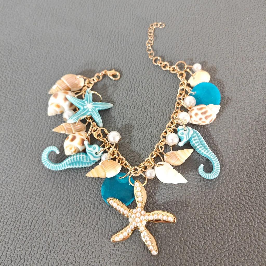 Trendy Summer Vacation Style Women's Bracelet Ocean Wave Bohemian Design Shell Shark Beach Jewelry Sea Star Sand Dollar Timepiec
