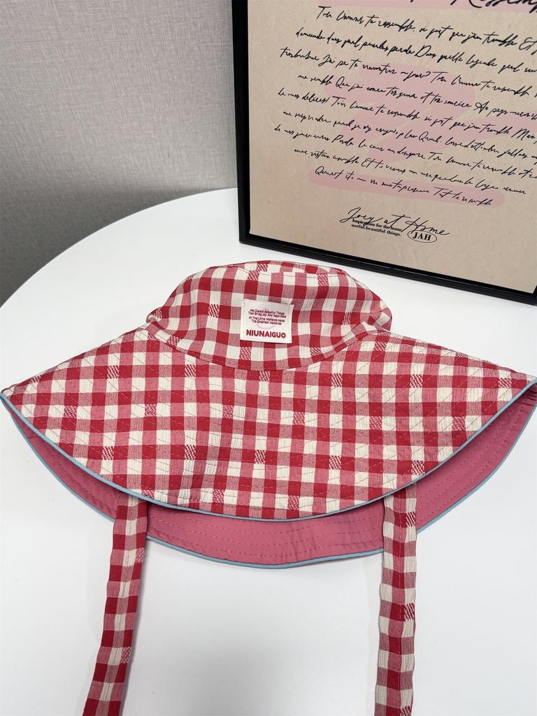 Plaid Bucket Hat Women'S Summer Wide Edge Lace-Up Big Brim Showing Face Small Sun Hat Sun Protection Hat Basin Hat