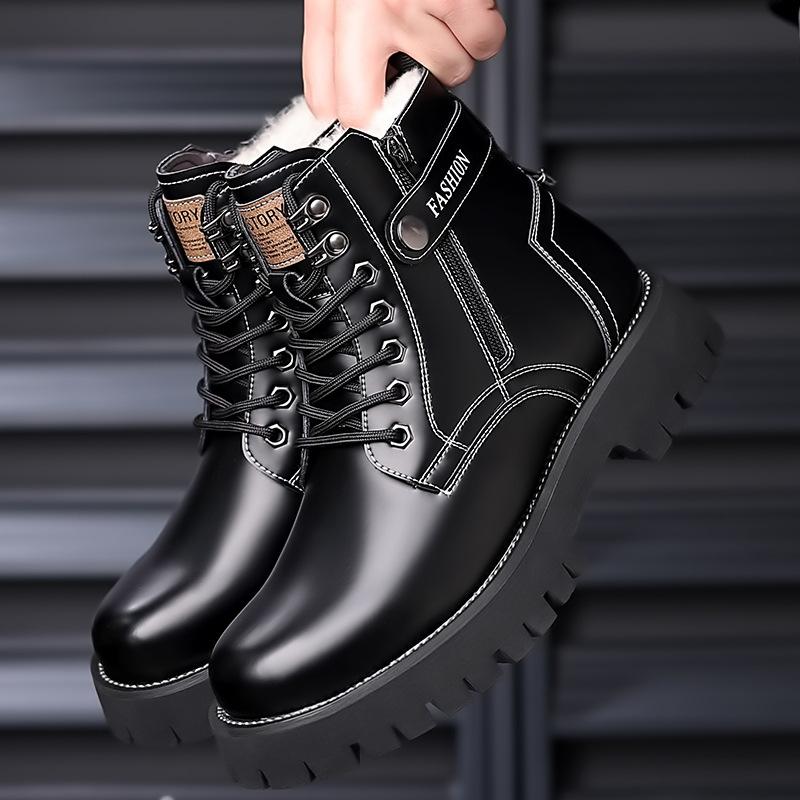 Winter Men'S High Top Boots British Style Chunky Sole Round Toe Plush Lined Leather Boots Non-Slip Warm Comfortable Snow Shoes