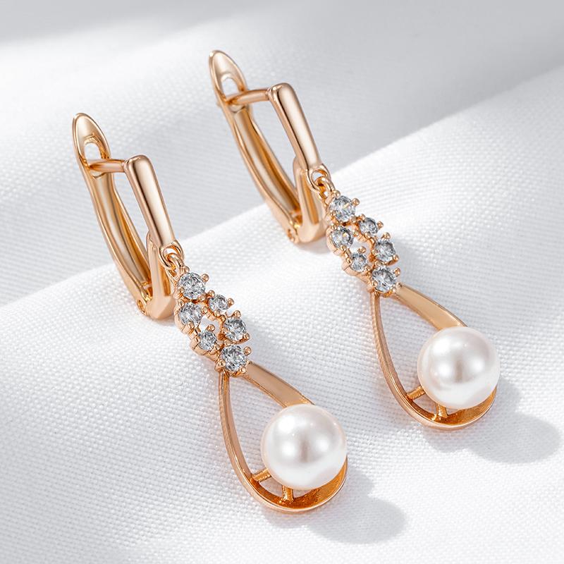 Luxury Unique Natural Zircon Pearl Long Drop Earrings For Women  Rose Gold Color Bridal Wedding Jewelry  New