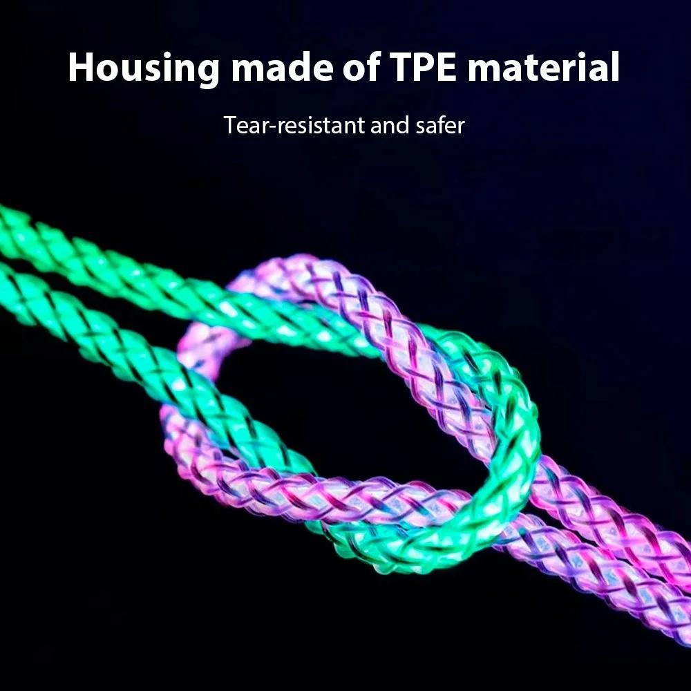 66W 3 in 1 Fast Charging Cable 6A Type C Micro USB Cable RGB Colorful Streamer Glowing Line USB Cable For iPhone Samsung Xiaomi