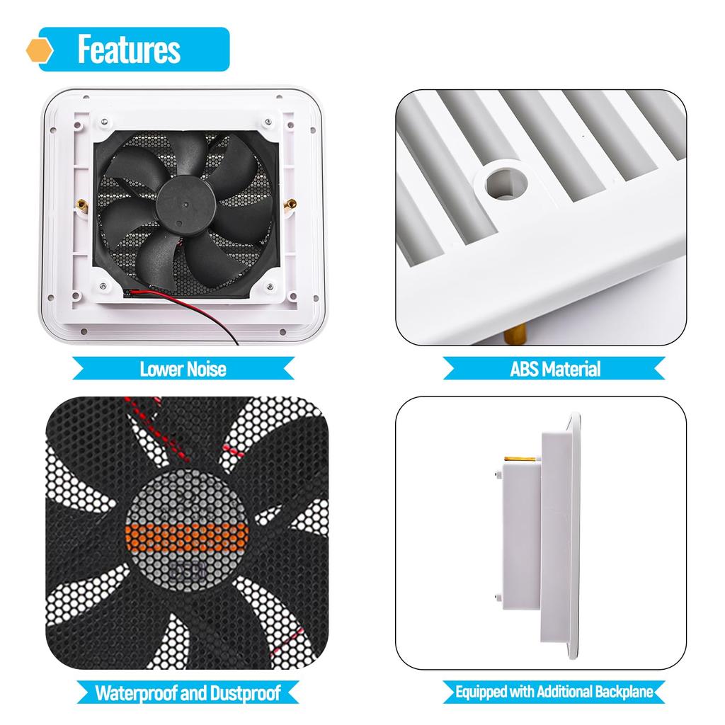12/24V RV Side Vent Fan, White/Black Vent Fan One-Way Silent Wind Air Vent Ventilation Exhaust Fan for Caravan Motorhome Camper