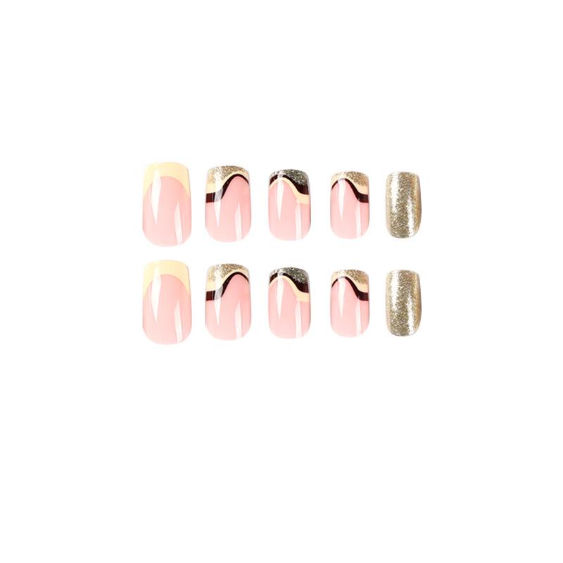 24Pcs/Set Quick Nails French Wave Gold Dust False Nials Sticker Wearable Waterproof Manicure Finished Nails